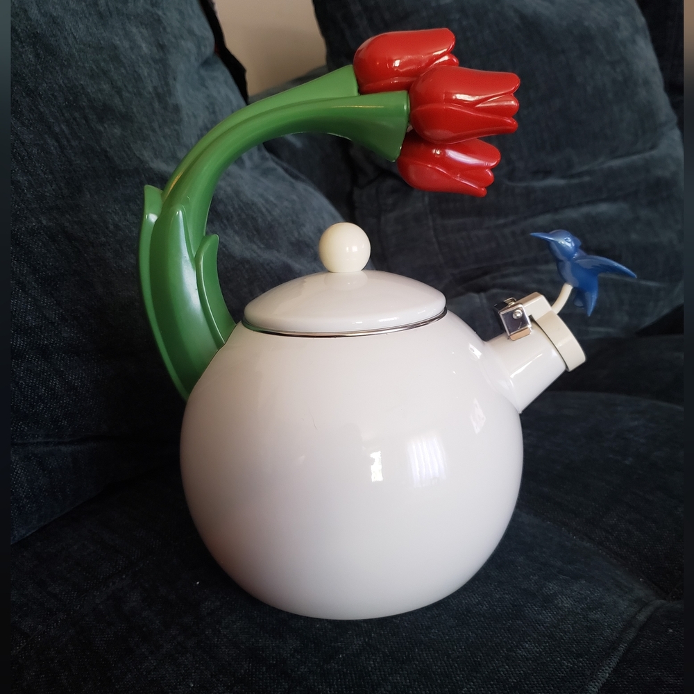 Ancona Kettle Hummingbird, Tulips Enamel Red, White, Blue & Green Vintage Teapot